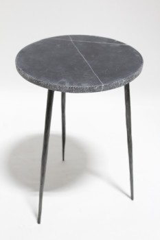 Table, Side, ROUND MARBLE TOP W/PEBBLED EDGE, 3 BLACK FORGED LEGS, 2 PCS. , MARBLE, GREY