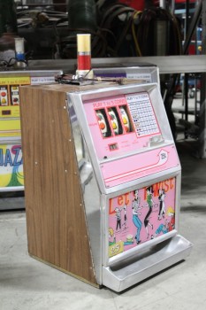 Game, Casino , 25c SLOT MACHINE, SIDE PULL LEVER W/BLACK BALL END, BROWN LAMINATE SIDES, "LET'S DANCE" GRAPHIC PANEL, TOP LIGHT , METAL, PINK