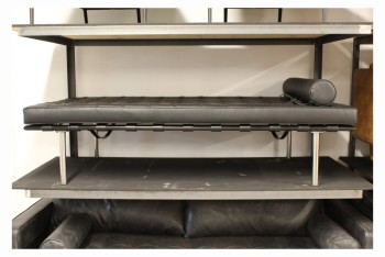 Bench, Misc, MODERN DAYBED, CHAISE, REPLICA BARCELONA, BUTTON TUFTED, 1 BOLSTER CUSHION, CHROME LEGS, LEATHER, BLACK