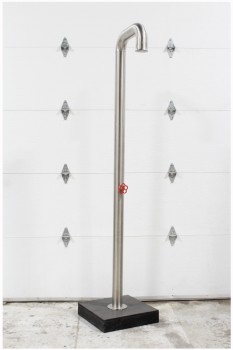 Plumbing, Miscellaneous, NEARLY 8FT FREESTANDING BRUSHED STEEL PIPE SHOWER W/RED KNOB & BENT TOP, BLACK WOOD BASE(4x20x20