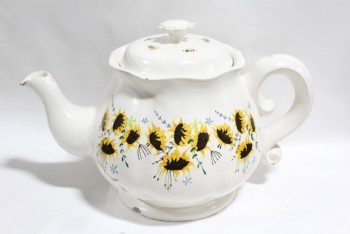 Decorative, Misc, OVERSIZED LIGHTWEIGHT XL TEAPOT W/HANDLE, YELLOW FLOWERS & BEES, PAINTED W/GOLD TRIM, LID COMES OFF, NOT HOLLOW, FOAM, WHITE