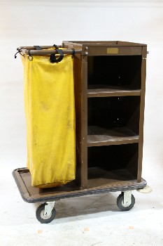 Cart, Cleaning, 4 LEVELS, LOWER OUTER SHELF, YELLOW TRASH BAG, JANITOR, HOUSEKEEPING, ROLLING, METAL, BROWN