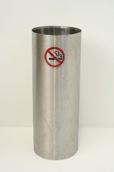 Ashtray, Floor, CYLINDRICAL STAND W/NO SMOKING SYMBOL, FREESTANDING, PUBLIC / OUTDOOR, CIGARETTE, METAL, SILVER