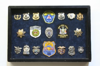 Wall Dec, Shadow Box, CLEARABLE, POLICE PATCHES & BADGES, BLACK FRAME, INSIGNIA DISPLAY, WOOD, MULTI-COLORED