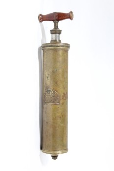Fire, Extinguisher, OLD STYLE, CYLINDRICAL BRASS TUBE W/HAND PUMP, WOOD HANDLE, METAL, BRASS