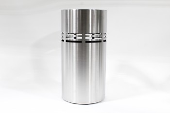 Umbrella, Stand, BRUSHED FINISH, CYLINDRICAL, BORDER OF CUTOUT HORIZONTAL LINES, Works As Umbrella Stand Or Waste Bin, STAINLESS STEEL, SILVER
