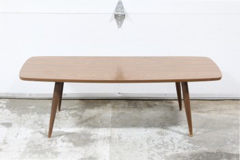 Table, Coffee Table, VINTAGE, MID-CENTURY, ROUNDED RECTANGULAR SURFBOARD STYLE TOP, ANGLED LEGS, LAMINATE, BROWN