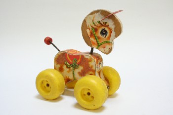 Toy, Animal, VINTAGE PONY ON YELLOW WHEELS, BOBBLE HEAD & TAIL, WOOD, MULTI-COLORED