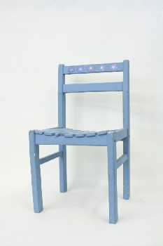 Chair, Child's, SLAT SEAT,HAND PAINTED,FLOWERS ON BACK, WOOD, BLUE