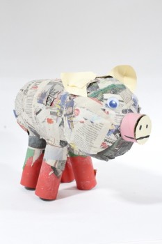 Art, Miscellaneous, PIG, NEWSPAPER, PINK NOSE, GOOGLY EYES, RED FEET, CRAFT PROJECT, PAPER MACHE, MULTI-COLORED