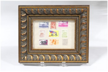 Wall Dec, Collection, CLEARABLE, FRAMED STAMP COLLECTION, INCLUDES 9 REAL OLD POSTAGE STAMPS, ORNATE FRAME, MULTI-COLORED