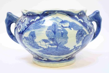 Vase, Ceramic, PAINTED BLUE ASIAN DESIGN W/HANDLES, CERAMIC, WHITE