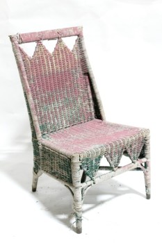 Chair, Rattan, NO ARMS,TRIANGULAR CUTOUTS,GREEN/PINK FADED PAINT, DISTRESSED, OUTDOOR/GARDEN/PATIO , WICKER, WHITE