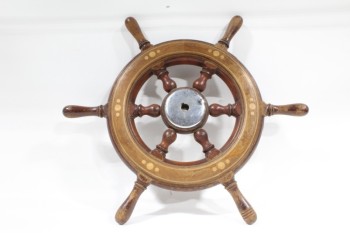 Decorative, Wheel, SHIP'S WHEEL W/INLAY,TURNED SPOKES & HANDLES, WOOD, BROWN