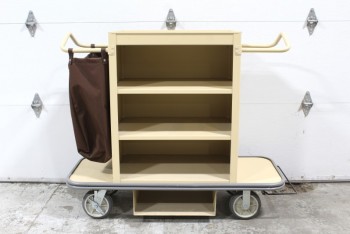 Cart, Cleaning, 3 SHELVES, END HANDLES, SHELVES, ATTACHED BAG, JANITOR, HOUSEKEEPING, ROLLING - Not Identical To Photo: Bottom Piece Removed, PLASTIC, BEIGE