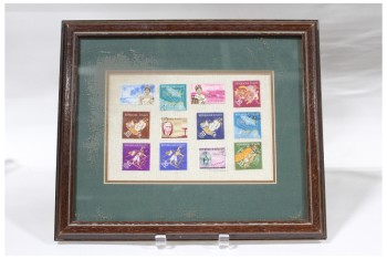 Wall Dec, Collection, CLEARABLE, FRAMED STAMP COLLECTION, INCLUDES 12 REAL OLD POSTAGE STAMPS FROM HAITI, GREEN MATTING, AGED FRAME, MULTI-COLORED