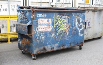 Garbage, Dumpster, MOVEABLE WASTE BIN / RECYCLING CONTAINER, HINGED METAL LID, MUNICIPAL / COMMERICAL, PAINTED, GRAFFITI, ROLLING - This Dumpster May Be Painted, Condition May Not Be Identical To Photo, METAL, BLUE