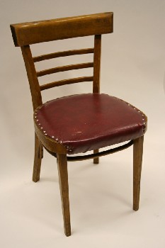 Chair, Restaurant, BURGUNDY / RED VINYL SEAT, 3 SLAT BACK, TACK TRIM, WOOD, BROWN