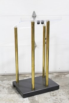Podium, Slanted Top, LECTERN, VINTAGE, TRANSPARENT ACRYLIC TOP HELD UP BY BRASS RODS, BLACK BASE, WOOD, BROWN