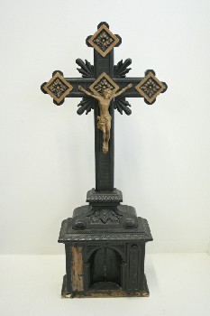 Religious, Crucifix, ANTIQUE, JESUS ON (REMOVABLE) CROSS, PAINTED GOLD DETAIL, ORNATE TIERED ARCH BASE, WOOD, BLACK