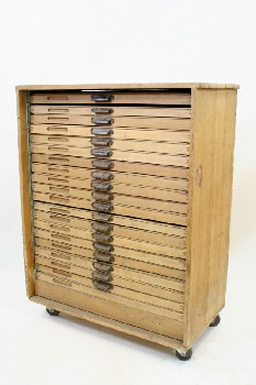 Cabinet, Filing, ANTIQUE TYPESETTER'S / ARCHITECT'S / MAP / ARTIST'S / PARTS OR TOOLS STORAGE CABINET W/19 THIN FLAT DRAWERS, FLAT FILE, ROLLING, WOOD, BROWN