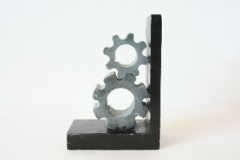 Bookend, Shapes, INDUSTRIAL,1 LG & 1 SM GREY GEAR ON BLK BASE, STONE, BLACK