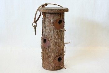 Garden, Birdhouse, LOG/BARK, 5 PERCHES, 6 ROUND OPENINGS, ROOF OPENS, LEATHER HANGING STRAP W/HOOK, WOOD, BROWN