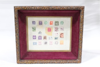 Wall Dec, Collection, CLEARABLE, FRAMED STAMP COLLECTION, INCLUDES REAL OLD POSTAGE STAMPS, PURPLE VELVET MATTING, ORNATE FRAME, MULTI-COLORED