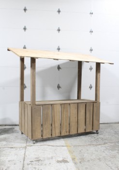 Stand, Rustic , STAND W/31" COUNTER & ANGLED ATTACHED ROOF, FARMER'S MARKET, FLOWER, PRODUCE, FRUITS & VEGETABLES, BODEGA, KIOSK, NEWS STAND, DISPLAY, RAW FINISH, NOT STAINED, FREESTANDING, ROLLING, WOOD, BROWN