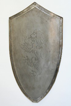 Weapon, Shield, LION CREST, BRASS TRIM & STUDS, LEATHER STRAP AT BACK, METAL, SILVER