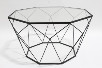 Table, Coffee Table, BLACK WIRE FRAME W/FACETED GEOMETRIC SHAPE, GLASS TOP , METAL, BLACK