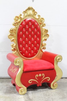 Chair, Misc, ORNATE GOLD TRIM, RED VELVET SEAT, OVAL SEAT BACK PANEL W/GOLD BUTTON TUFTED LOOK, CURVED SHAPE, SANTA CLAUS / CHRISTMAS, SPECIAL OCCASION THRONE, RESIN, RED