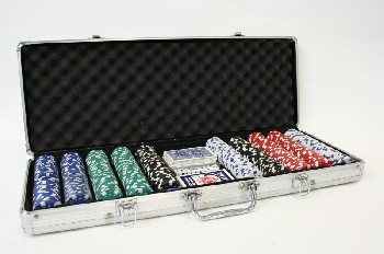 Game, Casino , SETS OF CHIPS IN CASE W/HINGED LID, DECKS OF CARDS, DICE, METAL, SILVER