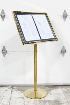 Sign, Stand, FREESTANDING, ONE SIDED RESTAURANT MENU/POSTER/ARTWORK DISPLAY, ROUND BASE, ANGLED BOARD, INSIDE OF WINDOW MEASURES 22 1/2" WIDE x 17 3/4" H, METAL, BRASS