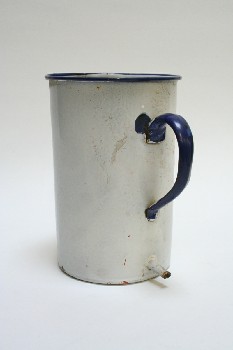 Medical, Container, CYLINDRICAL, BLUE HANDLE, SPOUT NEAR BOTTOM, WALLMOUNT, ENAMELWARE, WHITE