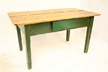 Table, Kitchen, RUSTIC HARVEST STYLE,MEDIUM STAIN 5 SLAT TOP,1 DRAWER, DISTRESSED , WOOD, GREEN