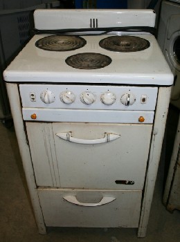 Stove, Kitchen, VINTAGE SMALL SUITE STOVE, ENAMEL TOP, 3 COIL BURNERS & OVEN, AGED, METAL, WHITE