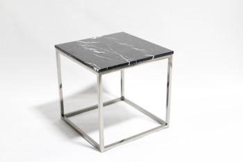 Table, Side, SQUARE / CUBE, CHROME FRAME, 3/4" BLACK MARBLE TOP W/WHITE VEINS (NOT ATTACHED), MODERN, MARBLE, SILVER