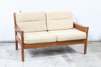 Sofa, Loveseat, DANISH MODERN COUCH, VINTAGE TEAK, CURVED BACK & ARMS, OATMEAL WOOL TEXTURED CUSHIONS, WOOD, BROWN