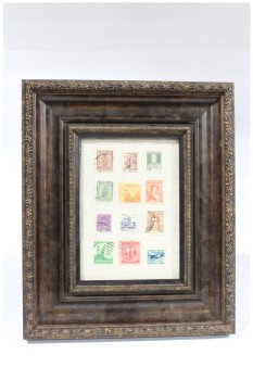 Wall Dec, Collection, CLEARABLE, FRAMED STAMP COLLECTION, INCLUDES 12 REAL OLD POSTAGE STAMPS, THICK FRAME, MULTI-COLORED