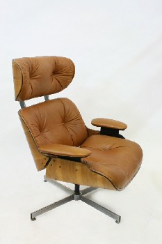 Chair, Lounge, MID CENTURY MODERN EAMES STYLE LOUNGER, CURVED WOOD RECLINING FRAME W/ARM RESTS, BUTTON TUFTED, SWIVEL, LEATHER, BROWN