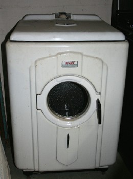 Laundry, Washer, ANTIQUE, ROUNDED SHAPE, FRONT LOADING DRYER (WOULD DOUBLE AS A WASHING MACHINE FROM SAME ERA), ORIGINAL FINISH, METAL, WHITE