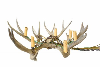 Lighting, Chandelier, RUSTIC ANTLER RACK CHANDELIER,WIRED W/6 LIGHT HOLDERS & CHAIN FOR HANGING, APPROX 3FT WIDE , ANTLER, NATURAL