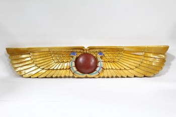 Wall Dec, Plaque, REPLICA ANCIENT EGYPTIAN TEMPLE PEDIMENT, WINGS, RED SUN, 2 COBRA SNAKES, WOOD, GOLD
