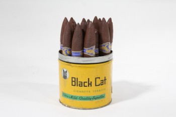 Decorative, Smoking, VINTAGE "BLACK CAT" TOBACCO TIN, DRESSED W/17 FAKE CIGARS (GLUED IN), METAL, YELLOW