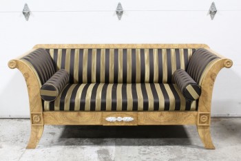 Sofa, Three Seat, CLASSIC BIEDERMEIER STYLE, COUCH, BURLED OLIVEWOOD VENEER, SCROLL ARMS, FLARED LEGS, STRIPED UPHOLSTERY, CARVED MEDALLIONS, 2 BOLSTER CUSHIONS, WOOD, BROWN