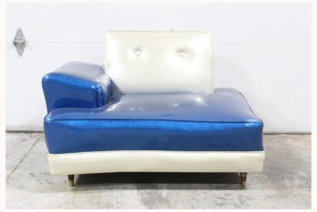 Chair, Armchair, RETRO, GLITTER VINYL, WHITE BUTTON TUFTED BACK & BASE, BLUE SEATING AREA & ARM, 1 ARM & 1 ROUNDED END W/O ARM, VINYL, BLUE