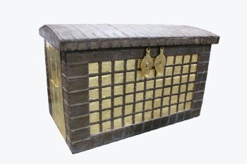 Trunk, Chest, FRONT SQUARE GOLD PANELS, METAL BANDS, GOLD LATCHES, ORNATE BORDERS, PATINA, WOOD, GOLD
