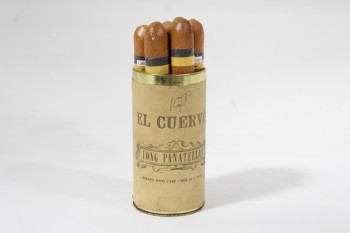 Decorative, Smoking, VINTAGE "EL CUERVO" TIN, DRESSED W/7 FAKE CIGARS (GLUED IN), METAL, TAN