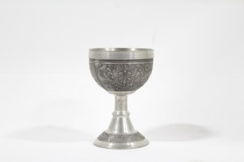 Drinkware, Goblet, ROUND BASE & CUP, ORNATE RELIEF, PEWTER, SILVER
